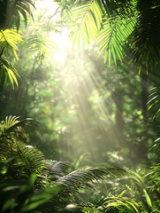 Sunlight filters through lush green foliage in a dense jungle creating a bright and ethereal atmosphere.