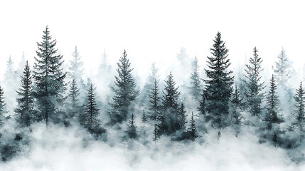 Misty evergreen forest silhouette against a white background evoking a sense of mystery and serene nature.