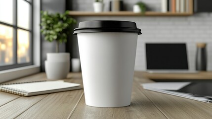 A disposable coffee cup sits on a wooden desk, in a modern workspace, near a window