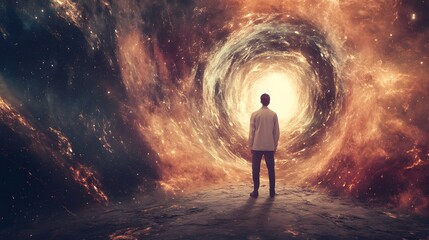 The Cosmic Threshold: A lone figure stands at the precipice of a swirling cosmic portal, the vibrant hues of the unknown beckoning him onward.