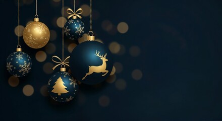 Christmas ornaments hanging against a dark blue background  