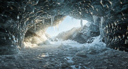 Ice cave with sunlight illuminating frozen stalactites  