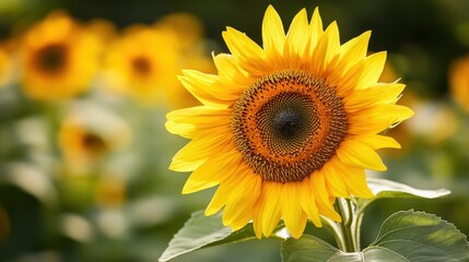 Fototapeta premium A vibrant sunflower in a field of golden blooms.