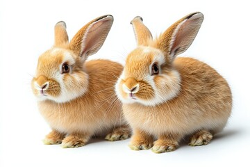 Obraz premium Adorable pair of fluffy brown bunnies sitting side by side on white background