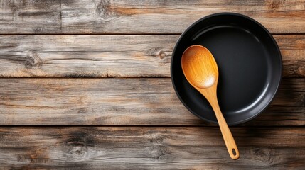 An empty black cooking pan resting on a rustic wooden table, accompanied by a wooden spoon, setting the stage for a delightful culinary experience.