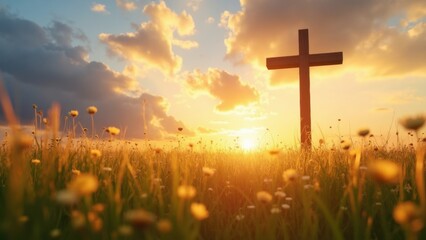 Cross is standing in a field of yellow flowers. The sun is setting in the background, casting a warm glow over the scene