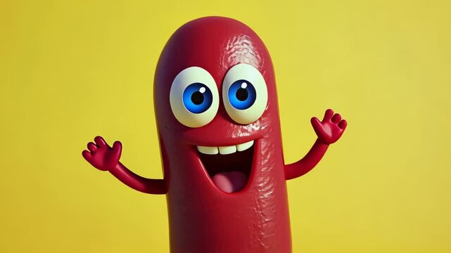 Cartoon sausage or wiener dancing and having fun on yellow background. Joyful food character with smiling face and raised arms jumping or dancing.
