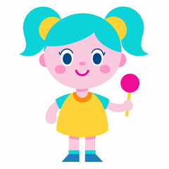 Fototapeta premium Cartoon character, young girl, puffy pink ponytails, big blue eyes, cheerful expression, wearing a yellow dress with white socks, holding a lollipop, white background