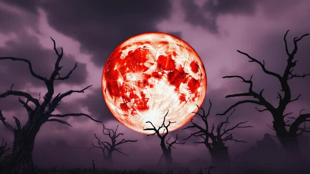 Crimson Moon Rising: Silhouetted barren trees against a sky with red moon and purple clouds, evoking mystery and fantasy.