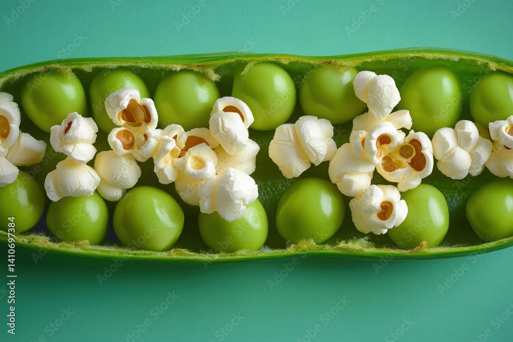 Poster green peas and popcorn mix inside an open pea pod isolated against a light green background for a fr