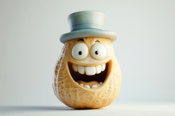 A cheerful peanut in a top hat, grinning widely with large eyes.