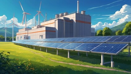 Hybrid renewable energy facilities with wind turbines and solar panels in modern architectural landscapes