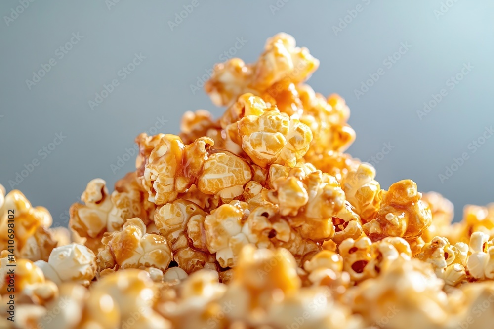 Poster close-up of caramel popcorn reveals its rich texture and color against a simple background, ideal fo