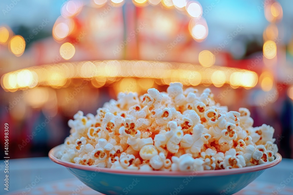 Poster A bowl of popcorn with a carousel in the background, creating a festive and joyful atmosphere. Delicious snack at an amusement park.