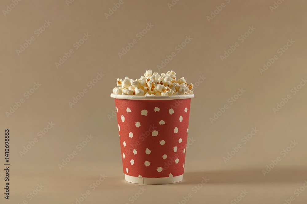 Poster a red and white polka dot cup overflowing with fluffy, buttery popcorn. simple snack presentation ag