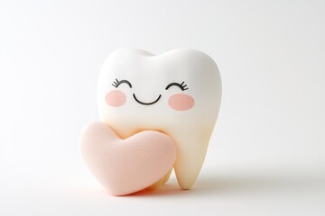 A happy cartoon tooth holds a heart, symbolizing dental care and love for healthy smiles.