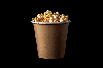 A paper container filled with fresh caramel popcorn, ready for a snack break! Great as a tasty treat during a movie or game.