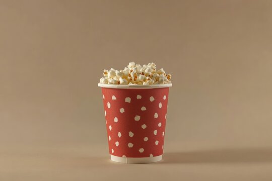 A red and white polka dot cup overflowing with fluffy, buttery popcorn. Simple snack presentation against a neutral backdrop.