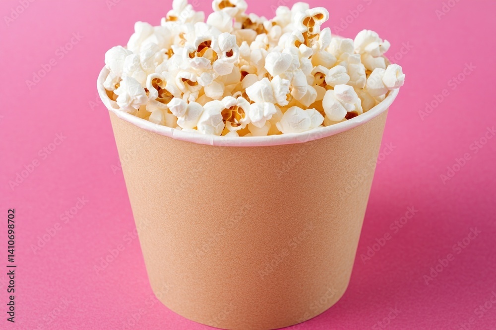Poster a paper cup overflowing with fluffy, white popcorn against a vibrant pink backdrop, creating a visua