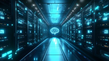 Digital Brain in the Server Room: A futuristic server room, illuminated with cool blue light, showcases rows of powerful servers, with a holographic brain at the center.