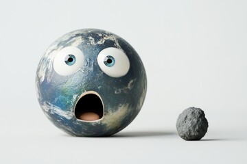 A cartoon Earth with wide eyes and an open mouth looks fearfully at an approaching asteroid.