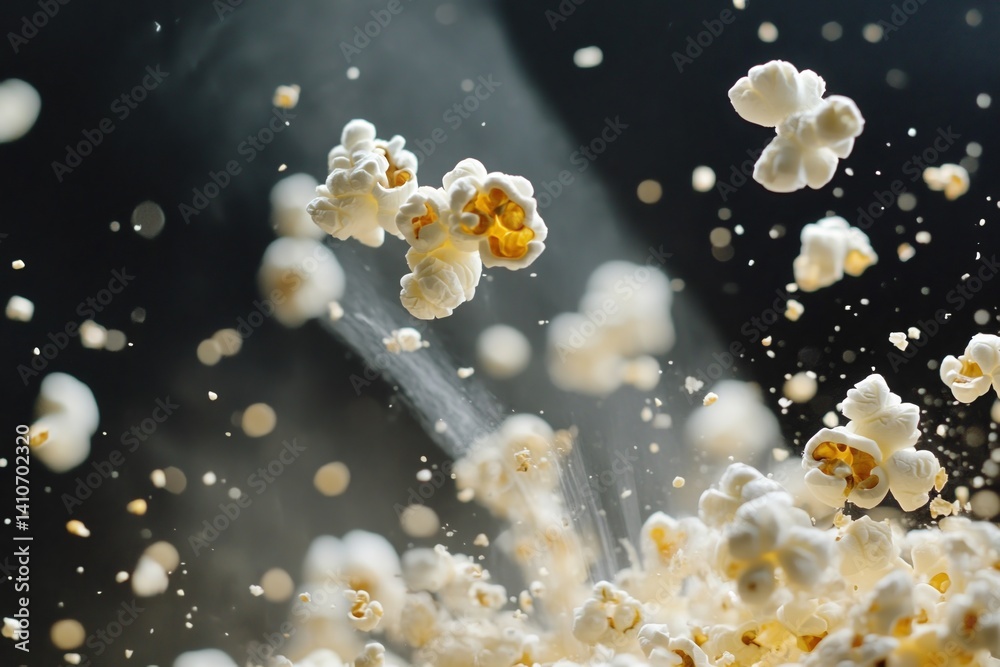 Aufkleber an array of freshly popped popcorn pieces are caught mid-air against a dark background in this still