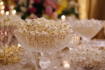 Elegant presentation of popcorn in crystal bowls, perfect for a party or special event. Freshly popped snack.