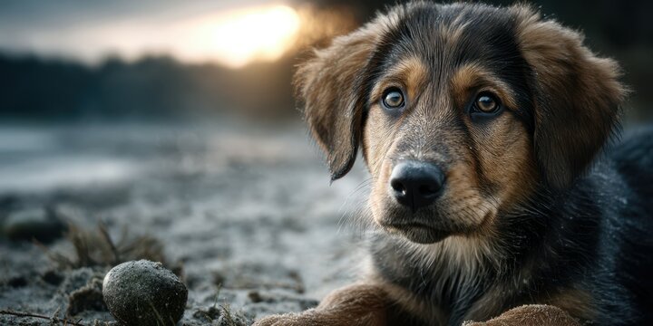 Curious puppy explores the sandy shore during sunset by the water's edge with intriguing eyes
