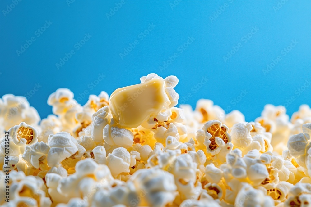 Poster buttery popcorn delight: a close-up of freshly popped kernels with melted butter against a vibrant b