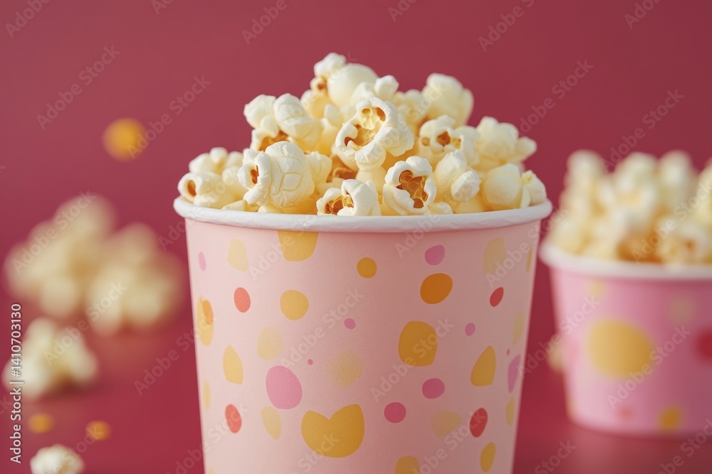 Poster Close-up of popcorn in a polka-dot bucket against a red backdrop. Another bucket of popcorn is visible in the background.