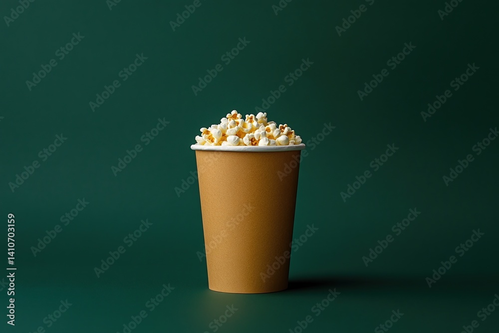 Poster A paper cup brimming with fluffy popcorn set against a dark green backdrop, creating a simple yet satisfying image.