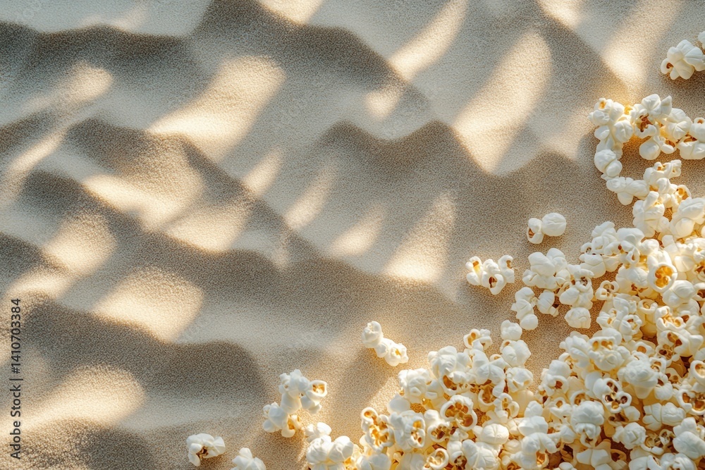 Poster Popcorn scattered on a textured surface with dappled light, creating a cozy and inviting snack time scene with an artsy feel.