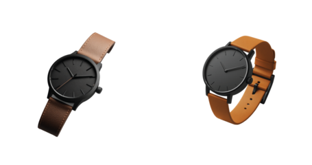 Two modern black watches with brown leather bands showing minimalist style and design