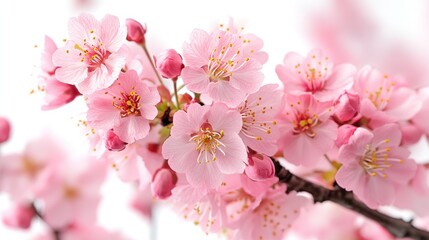 Blossoming Soft pink flowers on a branch against a bright, blurred background