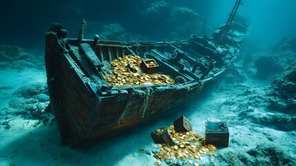 Sunken Treasure: Mysterious depths reveal a breathtaking shipwreck laden with glistening gold coins, resting on the ocean floor. 