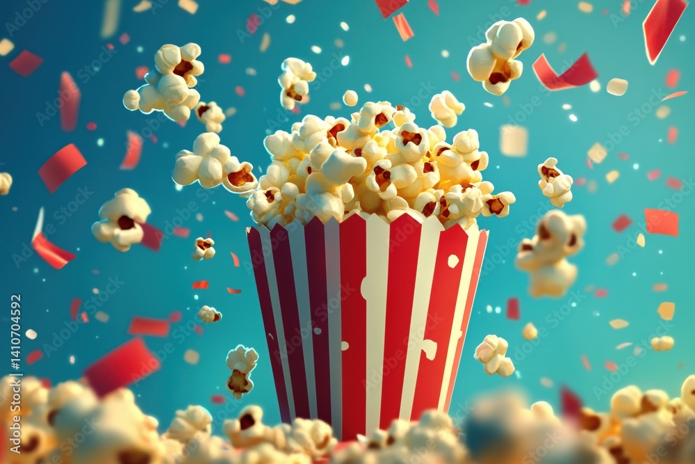 Poster popcorn overflow: a festive container brimming with fluffy popcorn amidst a celebratory flurry of co