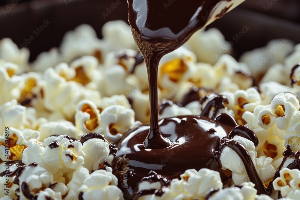Poster chocolate cascading onto a fluffy bed of popcorn, creating a sweet and salty treat that's both decad