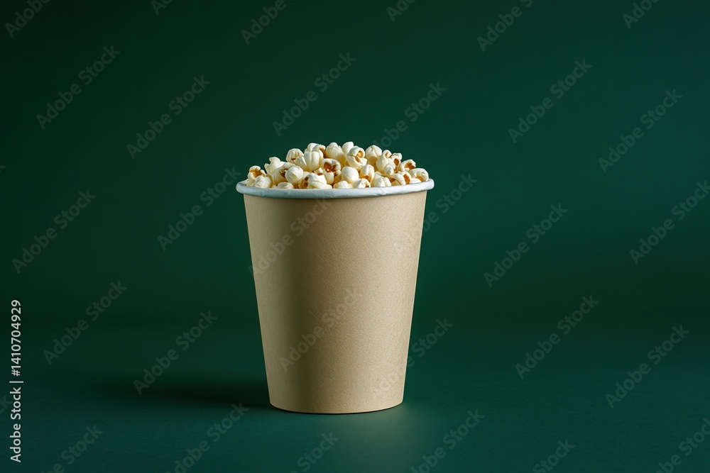 Poster a tall, brown paper container is filled with puffy white popcorn against a solid, dark green backgro
