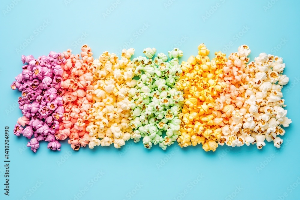 Aufkleber colorful popcorn row: a vibrant array of rainbow-colored popcorn arranged horizontally against a lig