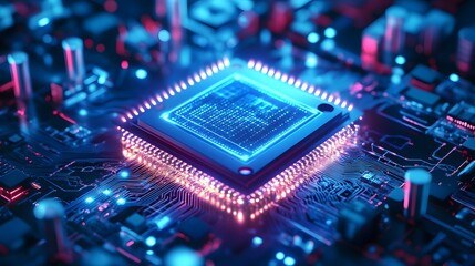 Digital Brain: Illuminated view of a central processing unit (CPU) highlighting the intricate connections that drive technology, a symbol of modern digital innovation.
