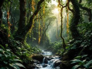 A digitally created image depicting a mystical rainforest scene with glowing vines cascading down moss covered trees near a tranquil stream The sun filters through the dense canopy creating a magical 