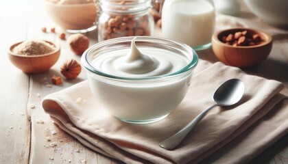 Fototapeta premium Fresh Yoghurt Breakfast, Greek Yoghurt on a Table in a Glass Bowl decorated with Fruits, Mint or Nuts - Probiotic Dairy Milk Product with High Protein - Healthy Food on a Wooden Plate