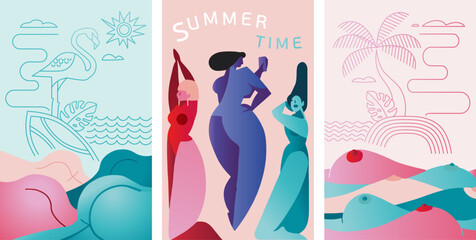 Colorful Geometric Summer Sexy Nude Beach Music Festival and Travel Background, poster, banner. Summer time fun concept design promotion design. Vector illustration and banner