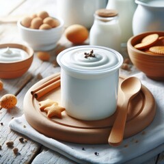 Fototapeta premium Fresh Yoghurt Breakfast, Greek Yoghurt on a Table in a Glass Bowl decorated with Fruits, Mint or Nuts - Probiotic Dairy Milk Product with High Protein - Healthy Food on a Wooden Plate