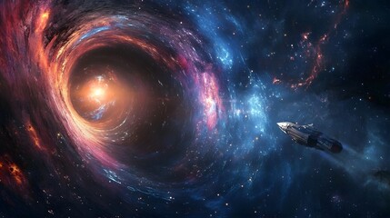 Cosmic Odyssey: A lone spaceship boldly traverses the vibrant expanse of the cosmos, navigating through a mesmerizing vortex of celestial wonders. 
