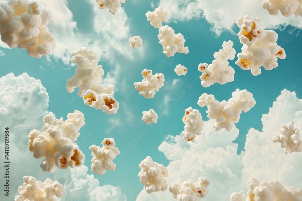 Poster popcorn clouds: a whimsical scene of fluffy white popcorn floating in a bright blue sky dotted with 