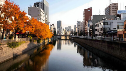 Fototapeta premium Autumn Colors Along Canal Cityscape In Japan