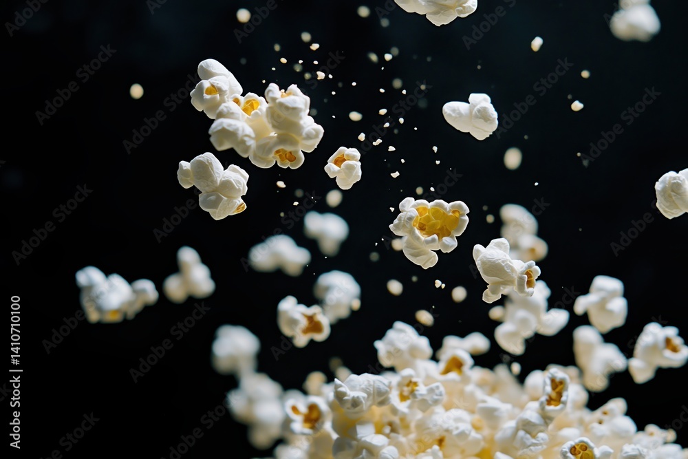Poster popcorn in motion: a whimsical dance of fluffy kernels against a dark background, capturing a moment