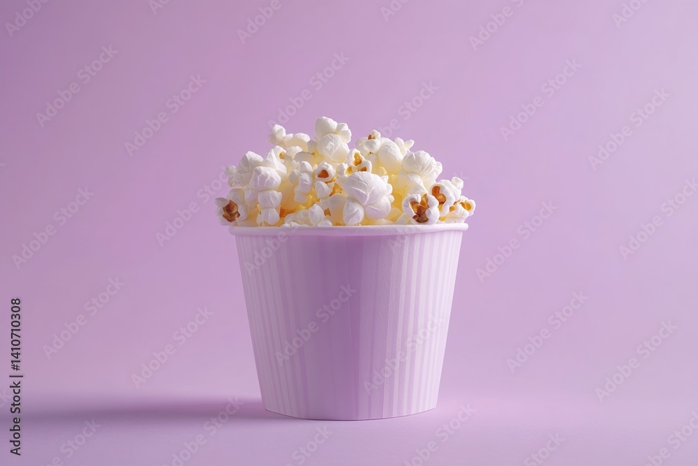 Poster a full cup of fluffy popcorn on a lilac background evokes a sense of snacking. the popcorn stands ou