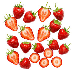 A vibrant burst of juicy, ripe strawberries tumbling in a delightful dance of summer sweetness, showcasing their bright red hues against a crisp white backdrop.